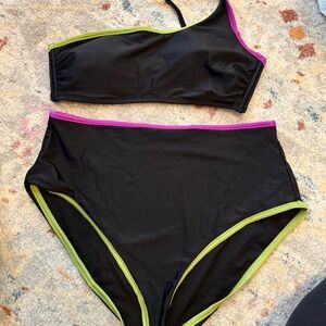 TOP ONLY Shade & Shore Black Bikini Bottoms with Purple and Lime Accents